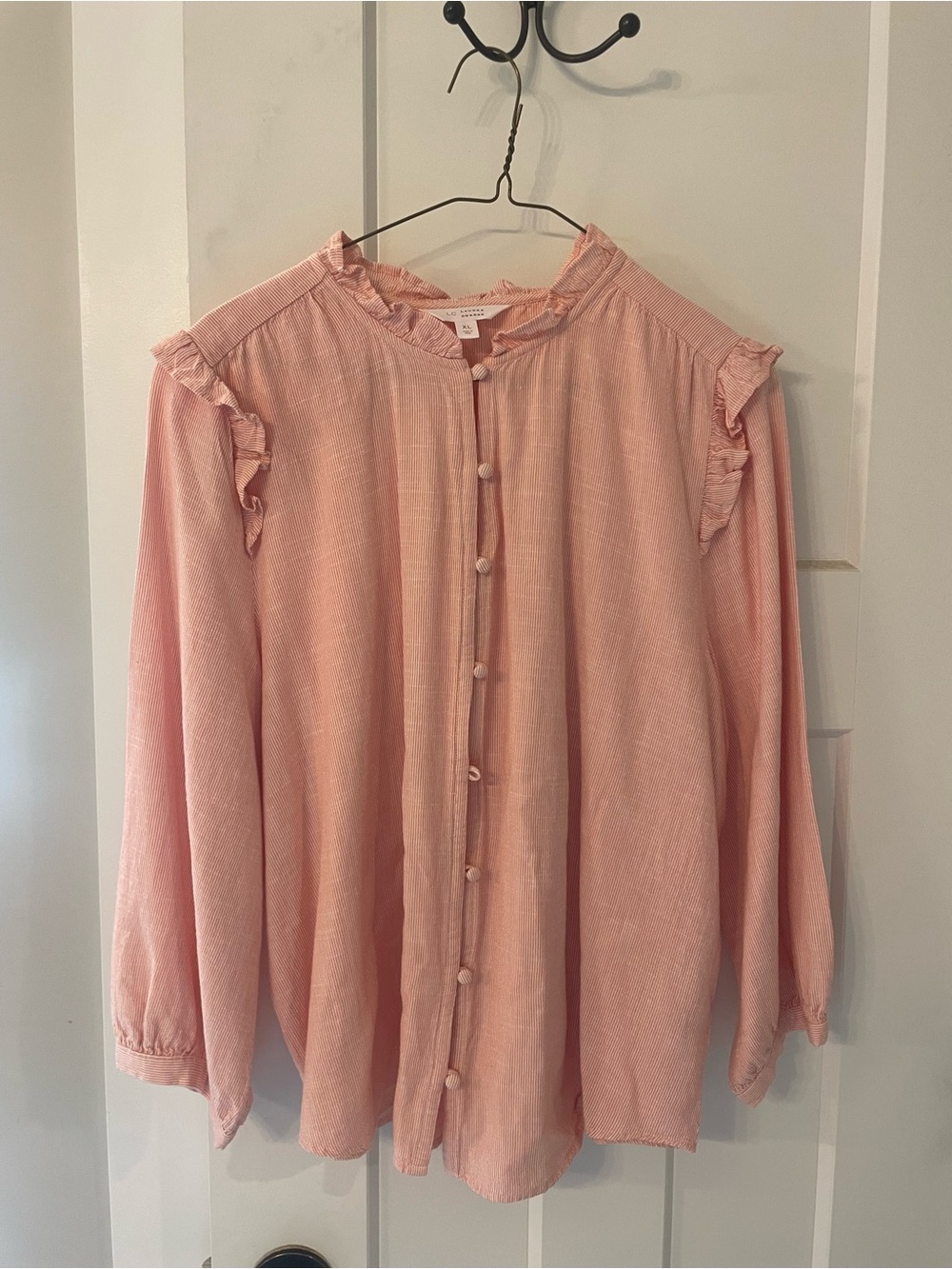 LC Lauren Conrad Soft peach and white striped Ruffle-Trim Button Blouse
